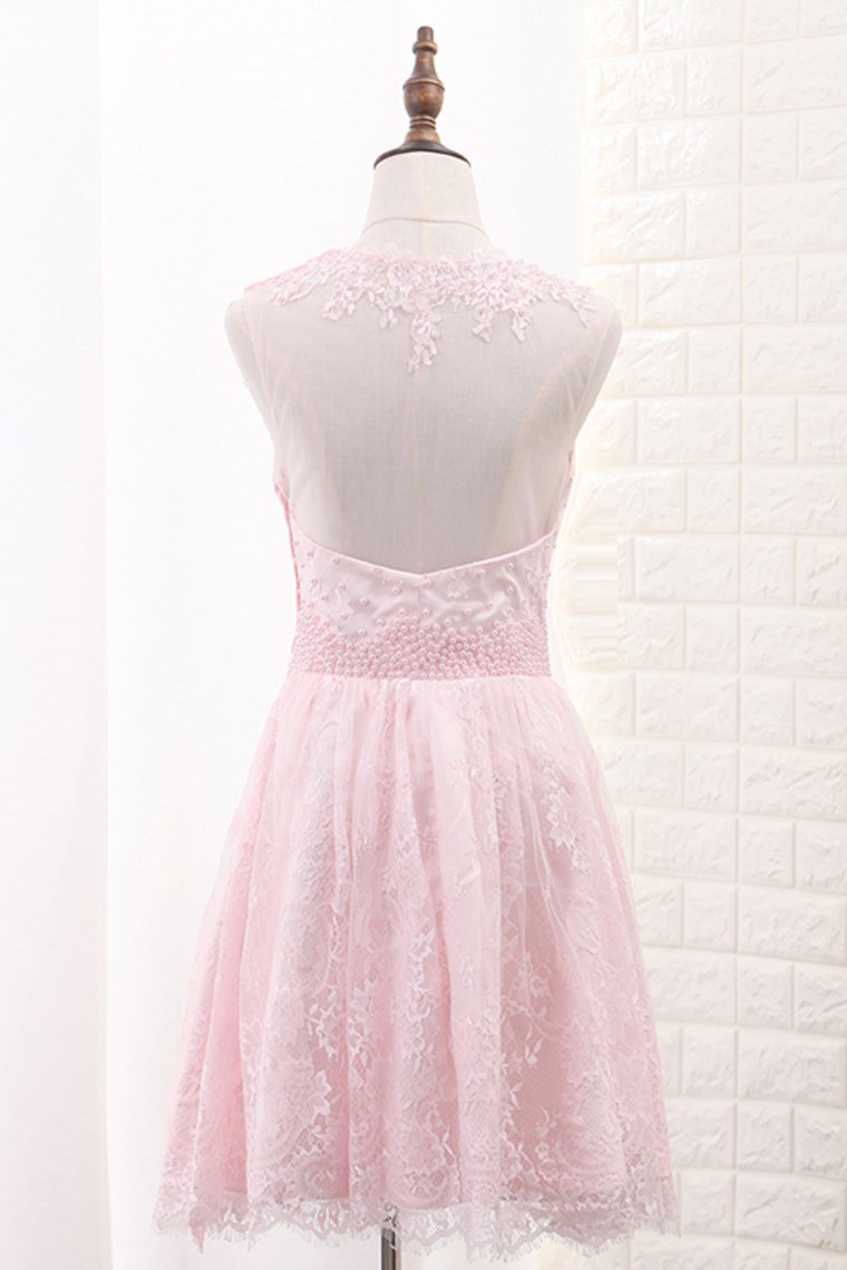A Line Scoop Lace With Applique And Beads Homecoming Dresses