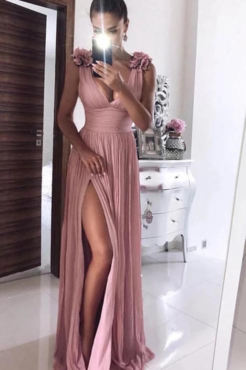 A Line Pink Chiffon V neck Prom Dresses with Split, Long Formal Dress With Handmade Flower SRS15010