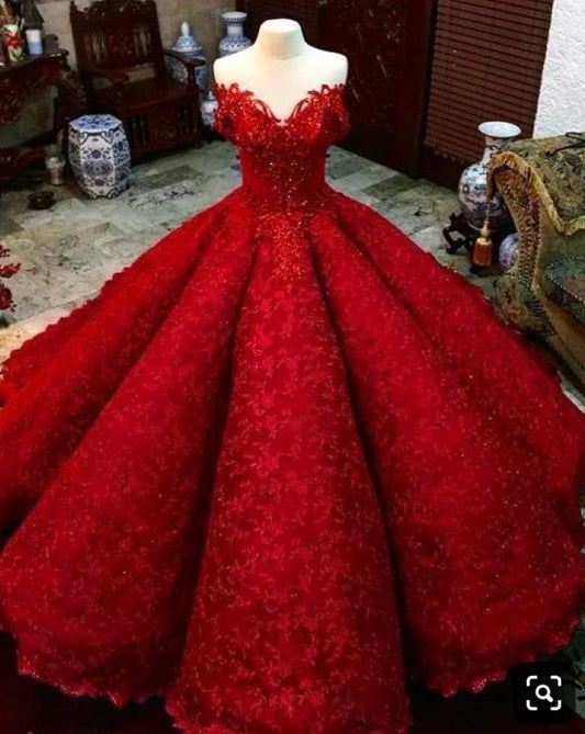 Ball Gown Red V Neck Long Off the Shoulder Prom Dresses, Quinceanera Dresses SJS15563