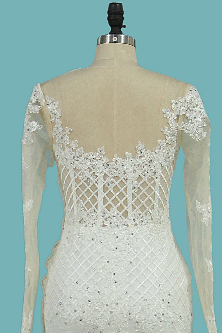 Mermaid Tulle Wedding Dresses Long Sleeves Scoop With Applique
