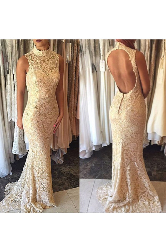 2024 Evening Dresses High Neck Lace Mermaid Sweep Train Open Back