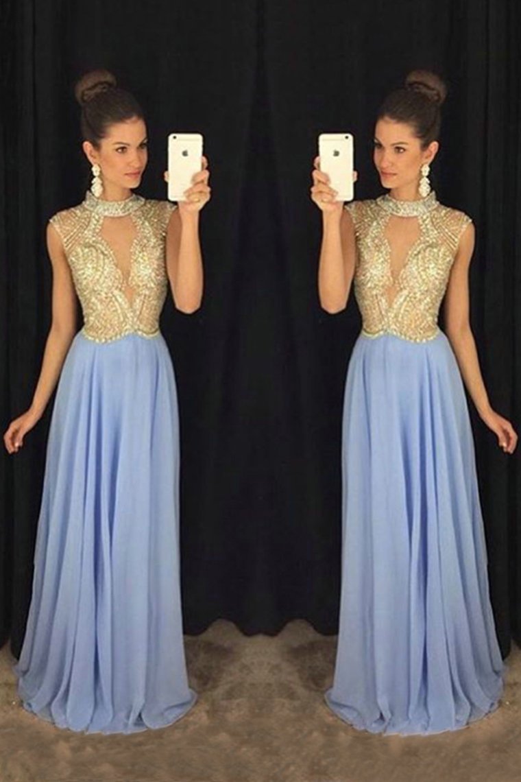 High Neck Prom Dresses A Line Chiffon With Beading