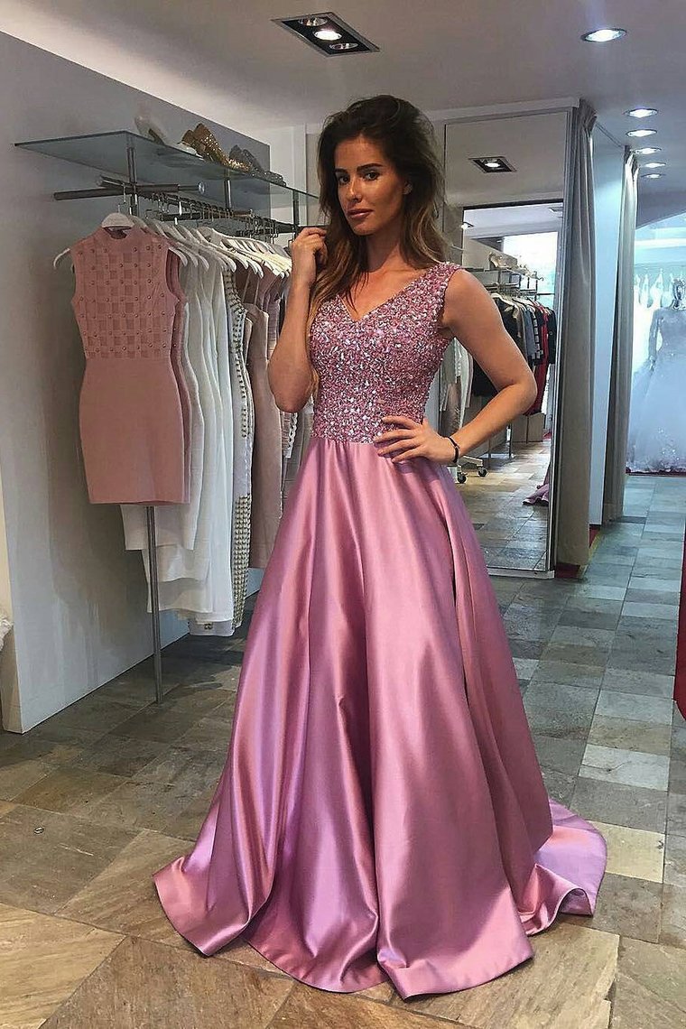 A Line V Neck Satin Prom Dresses With Beading Sweep Train