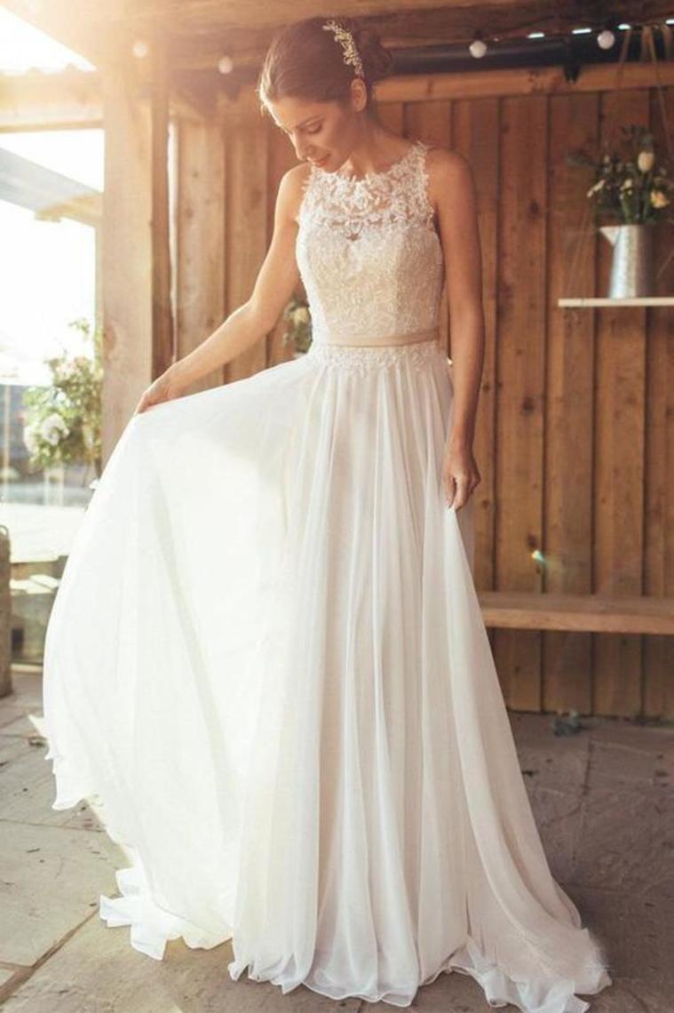 Elegant A-Line Round Neck Chiffon With Lace,Beach Boho Wedding Dresses