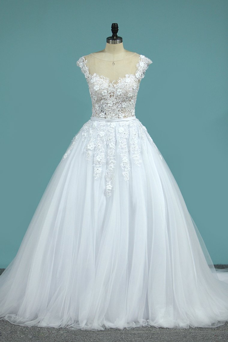 Wedding Dresses Scoop Tulle With Applique A Line Chapel Train