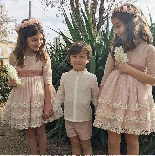 A Line Half Sleeves Pink Round Neck Flower Girl Dresses with Appliques, Baby Dresses SRS15546