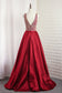 V Neck Satin Prom Dresses A Line With Beading Open Back Sweep Train