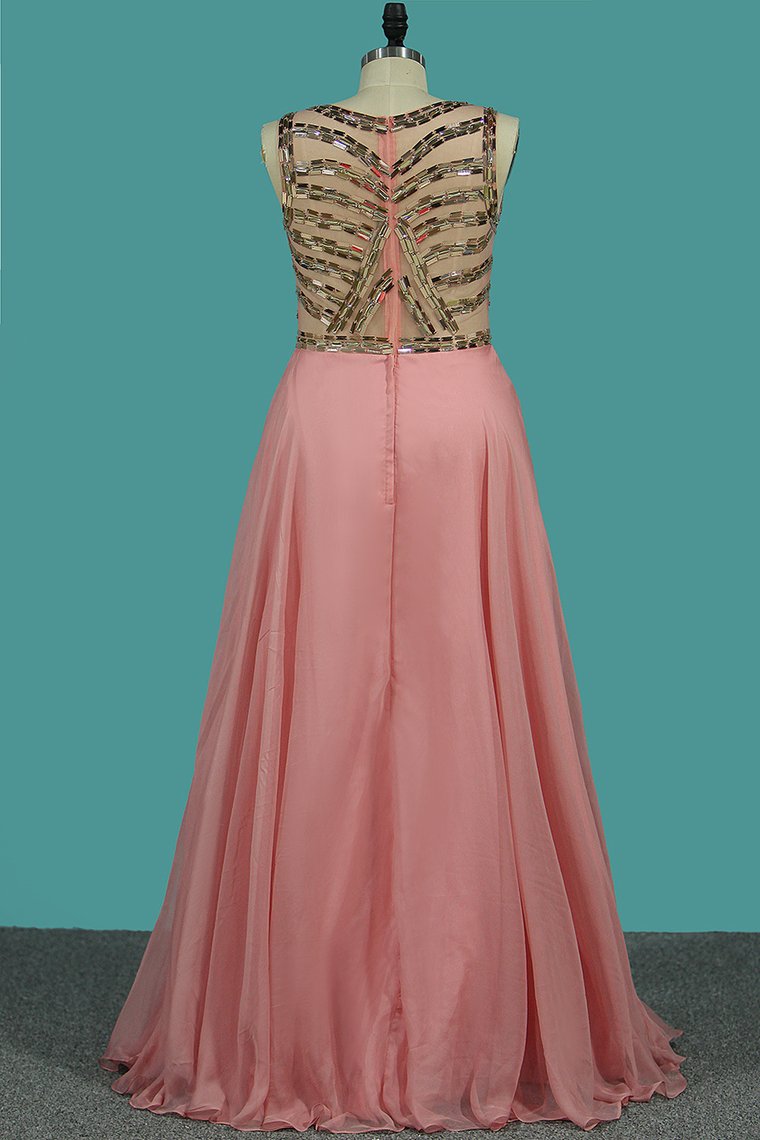 A Line Scoop Chiffon Prom Dresses With Rhinestones See Through Floor-Length