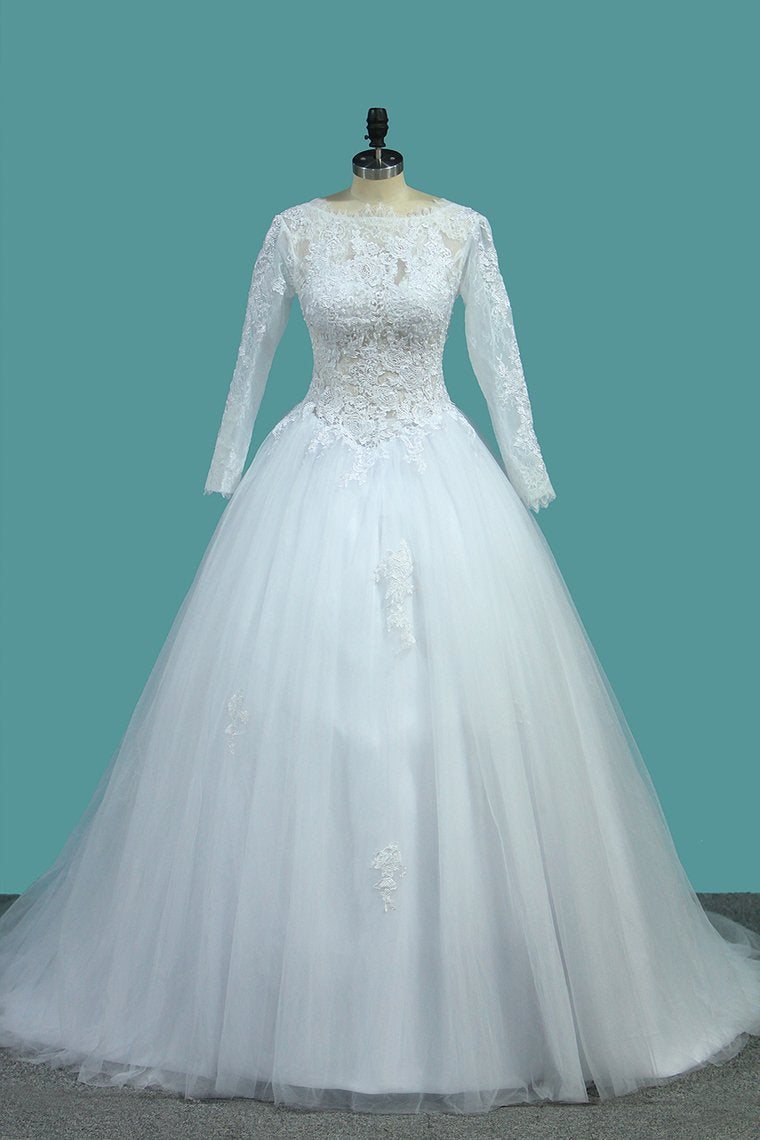 Bateau Long Sleeves A Line Tulle Wedding Dresses With Applique Court Train