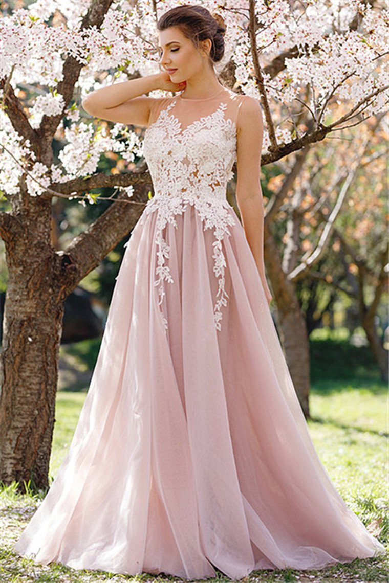 Tulle Prom Dresses Scoop With Applique A Line Sweep Train