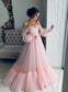 Blue Tulle Off the Shoulder Modern Prom Dresses Long Sleeve Quinceanera Dresses