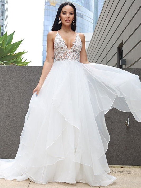 Lace Ruffles A-Line/Princess Sweep/Brush V-neck Sleeveless Train Wedding Dresses