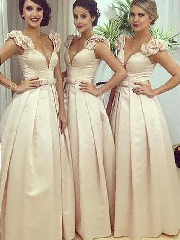 Satin Sleeveless Floor-Length A-Line/Princess Straps Bridesmaid Dresses