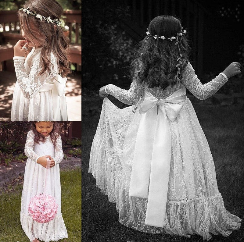 Floor-Length A-Line/Princess Lace Long Jewel Sleeves Bowknot Flower Girl Dresses