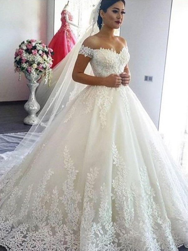 Train Sleeveless Lace Ball Off-the-Shoulder Sweep/Brush Gown Tulle Wedding Dresses