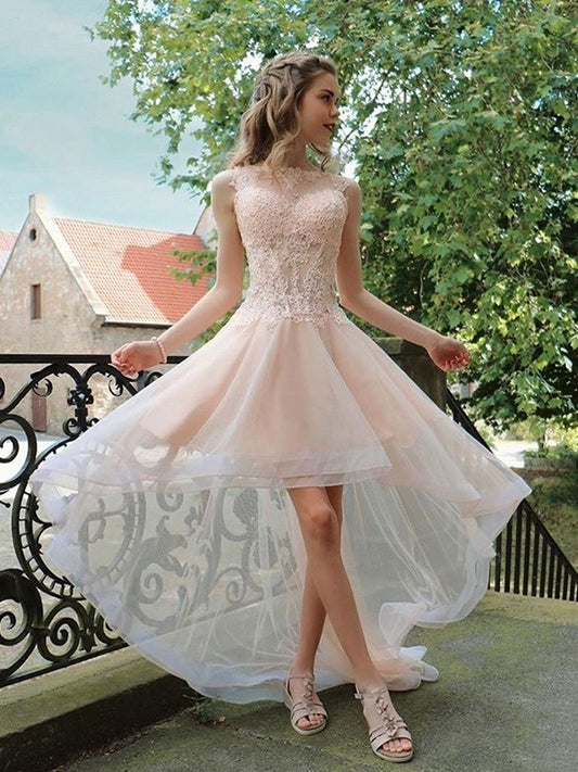 A-Line/Princess Neck Sleeveless Tulle Sheer Applique Asymmetrical Homecoming Dresses