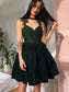 A-Line/Princess V-Neck Lace Carley Sleeveless Homecoming Dresses Satin Ruched Short/Mini Dresses