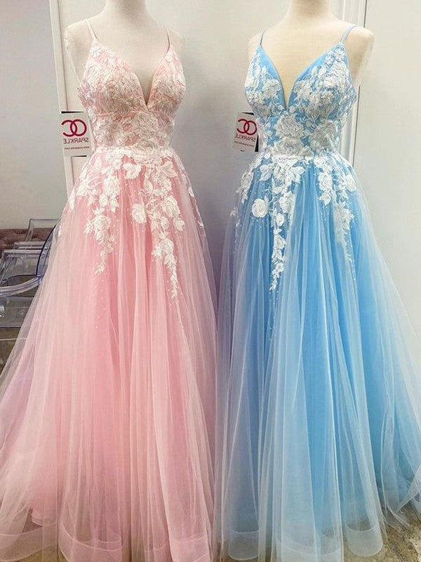 A-Line/Princess Applique V-neck Floor-Length Sleeveless Tulle Dresses