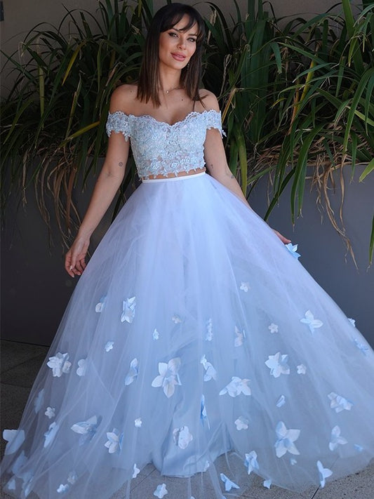 Off-the-Shoulder Sleeveless Floor-Length A-Line/Princess Tulle Applique Two Piece Dresses