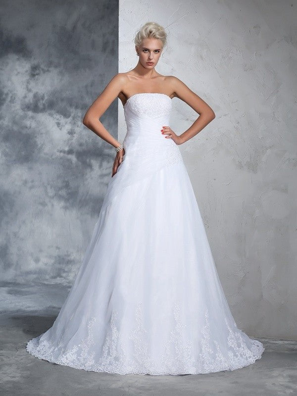 Gown Applique Strapless Ball Sleeveless Long Net Wedding Dresses