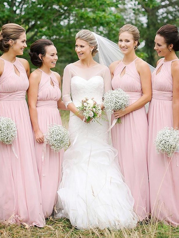 A-Line/Princess Sleeveless Floor-Length Scoop Chiffon Bridesmaid Dresses