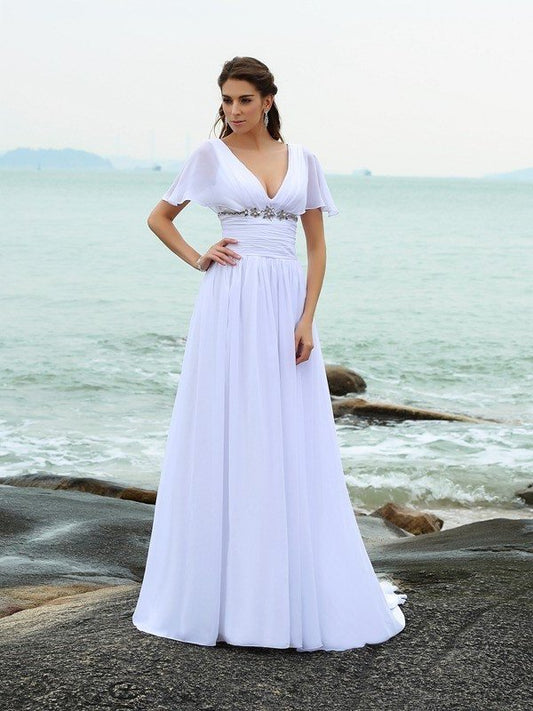 Ruffles Chiffon V-neck Long Sleeves A-Line/Princess Short Beach Wedding Dresses