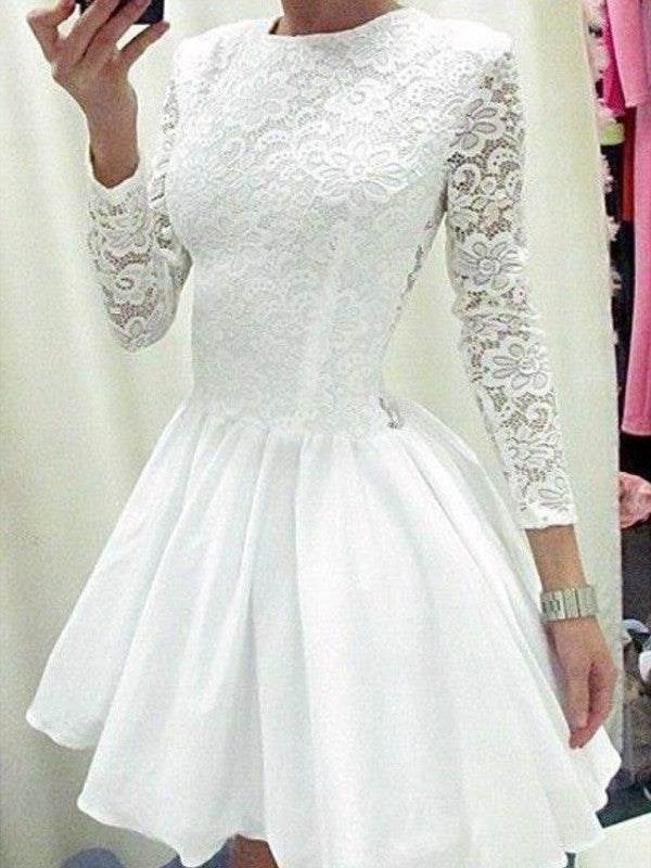 Long Lace Sleeves A-Line/Princess Scoop Chiffon Short/Mini Dresses