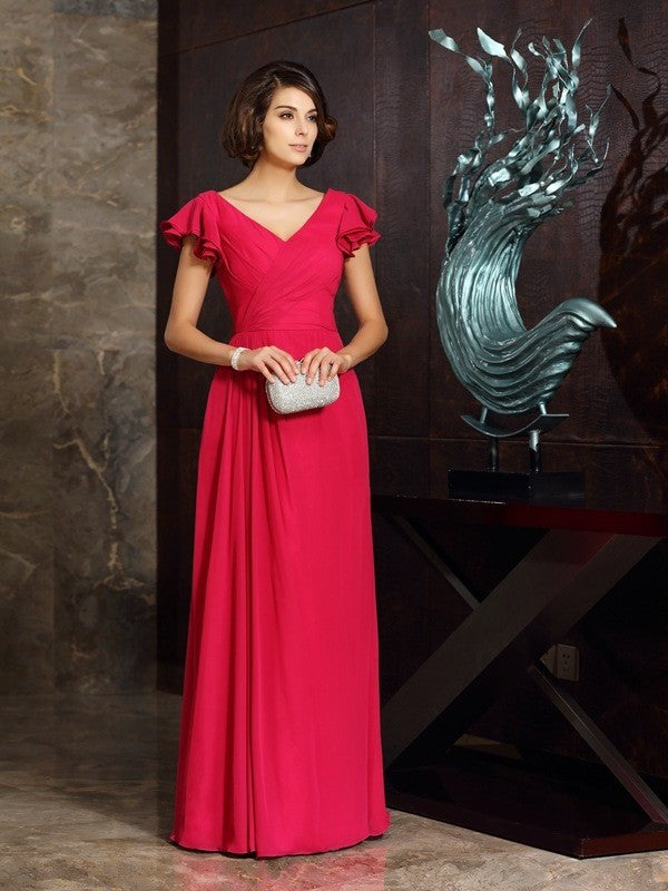 V-neck Chiffon A-Line/Princess Ruched Sleeves Short Mother Long of the Bride Dresses