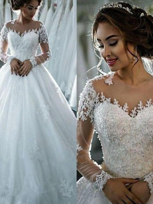 Gown Applique Court Ball Sleeves Scoop Long Tulle Train Wedding Dresses