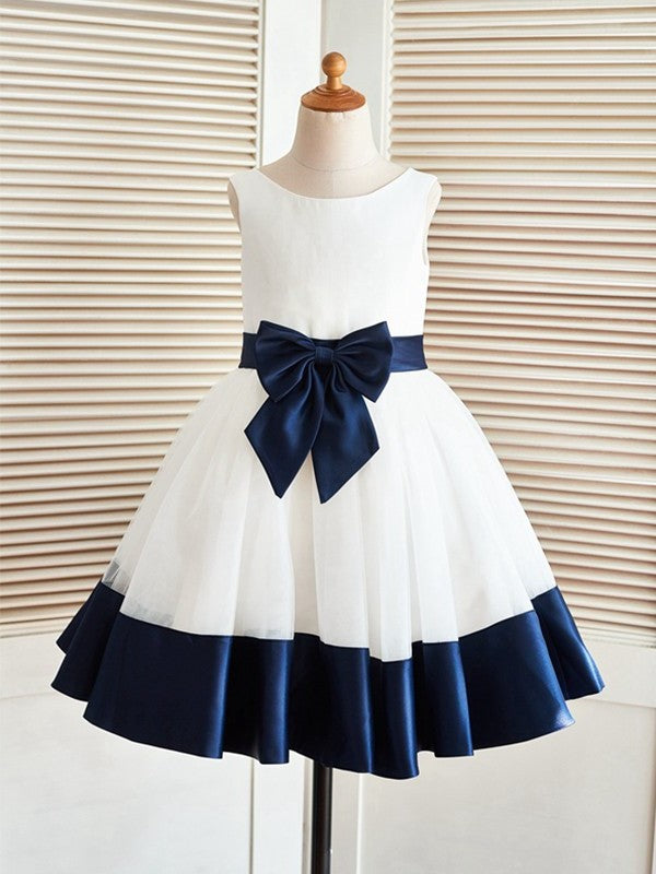 Knee-Length Bowknot Satin A-Line/Princess Sleeveless Scoop Flower Girl Dresses