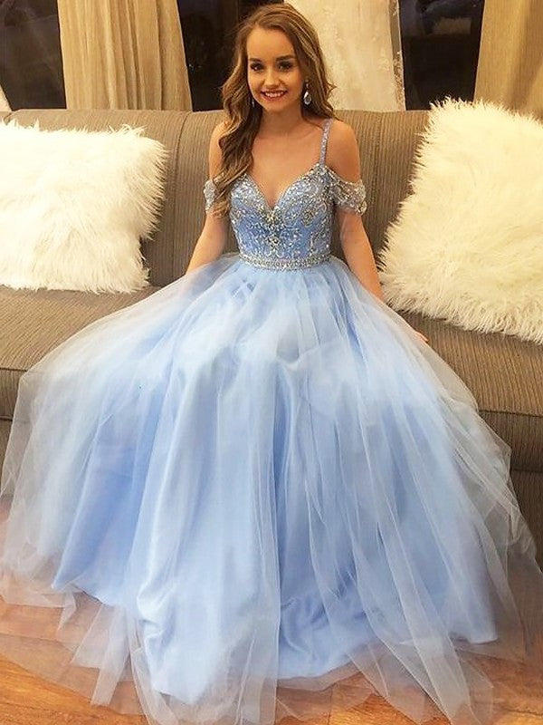 Off-the-Shoulder A-Line/Princess Floor-Length Tulle Sleeveless Beading Dresses