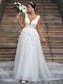 Tulle V-neck Applique Sweep/Brush A-Line/Princess Sleeveless Train Wedding Dresses