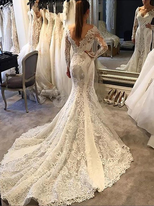 Court V-neck Long Trumpet/Mermaid Sleeves Train Lace Wedding Dresses