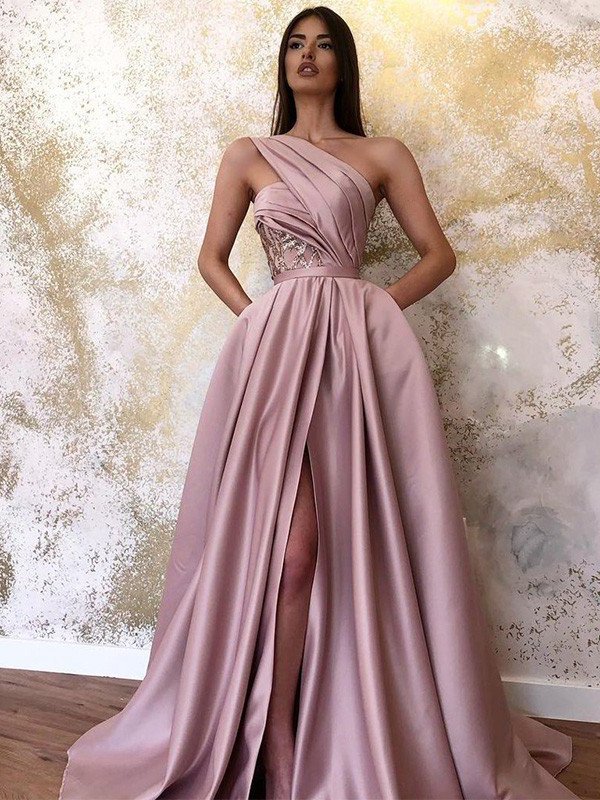 One-Shoulder Sleeveless A-Line/Princess Satin Ruched Sweep/Brush Train Dresses