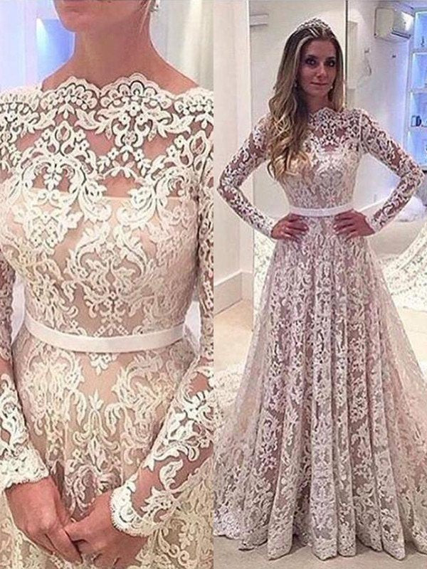 Court Sleeves Bateau Lace Long A-Line/Princess Train Wedding Dresses