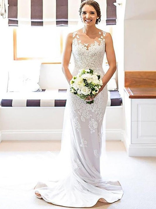 Sheath/Column Applique Scoop Court Sleeveless Lace Train Wedding Dresses