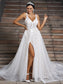Lace Applique A-Line/Princess V-neck Sleeveless Sweep/Brush Train Wedding Dresses