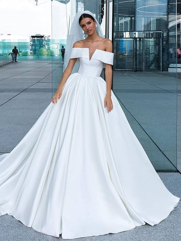 Ball Sleeveless Gown Court Ruffles Off-the-Shoulder Satin Train Wedding Dresses