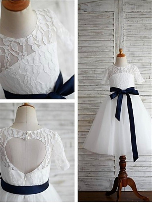 1/2 Sash/Ribbon/Belt Scoop A-line/Princess Sleeves Tulle Tea-Length Flower Girl Dresses