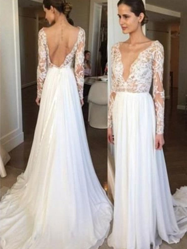 Long Sleeves Lace V-neck Chiffon Sweep/Brush A-Line/Princess Train Wedding Dresses