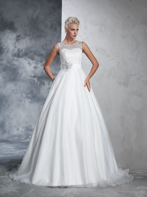 Neck Long Gown Sleeveless Sheer Ball Lace Net Wedding Dresses