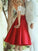 Sleeveless Knee-Length Lace Off-the-Shoulder Satin A-Line/Princess Two Piece Dresses