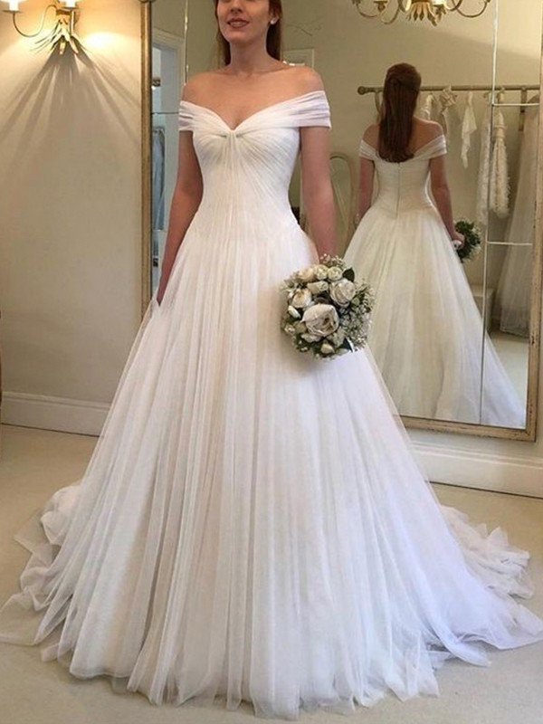 Sweep/Brush A-Line/Princess Off-the-Shoulder Train Ruched Sleeveless Tulle Wedding Dresses