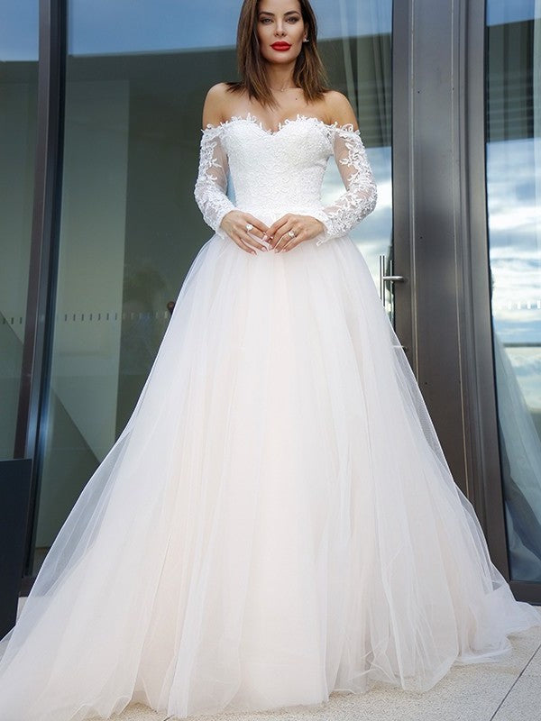 Sleeves Applique Long Tulle Off-the-Shoulder Court A-Line/Princess Train Wedding Dresses