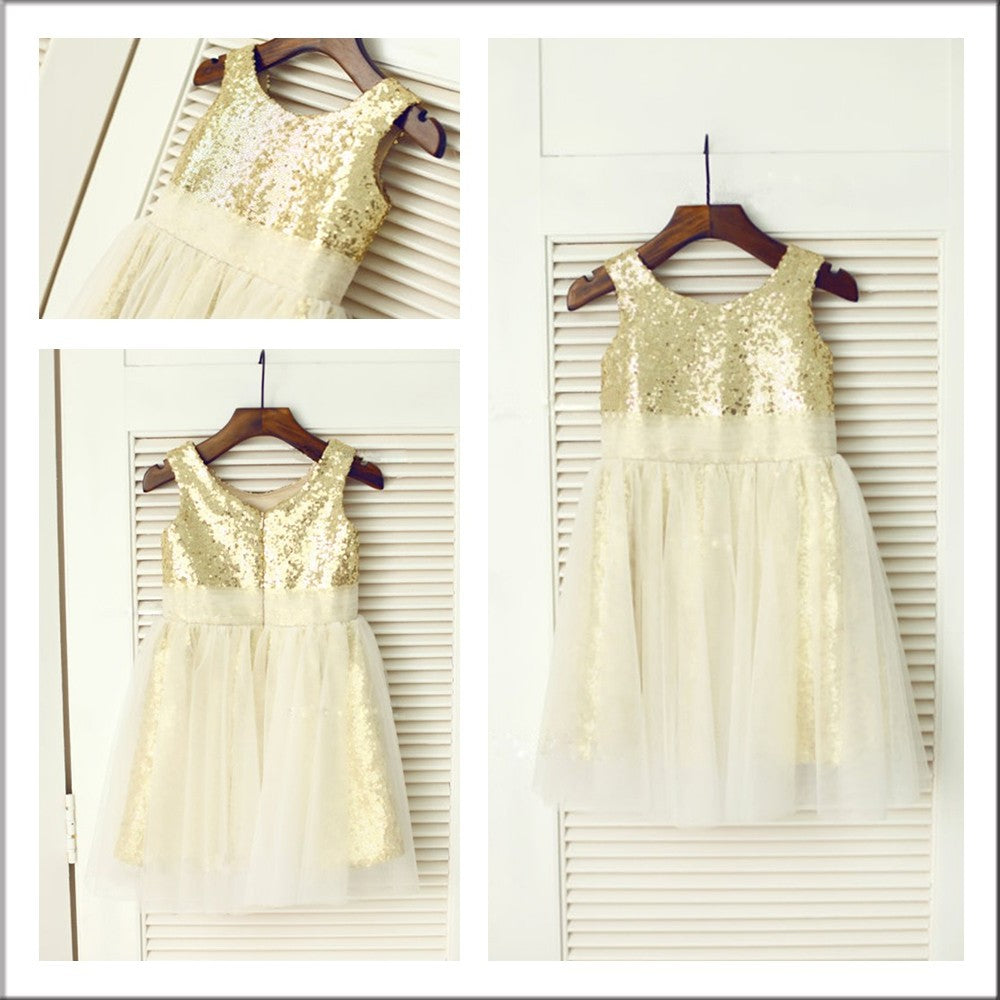 Long Scoop A-Line/Princess Sleeveless Sequins Sequin Flower Girl Dresses