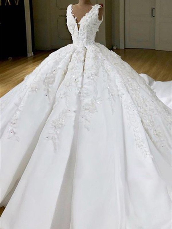 Satin Train V-neck Sweep/Brush Applique Gown Ball Sleeveless Wedding Dresses