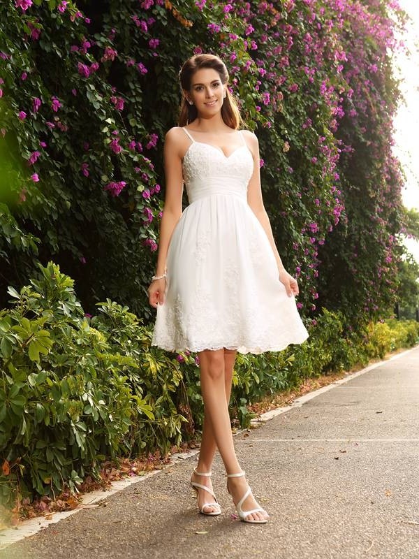 Straps A-Line/Princess Sleeveless Short Spaghetti Applique Lace Wedding Dresses
