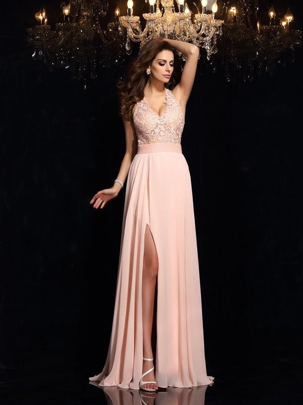 Halter Sleeveless A-Line/Princess Lace Long Chiffon Dresses