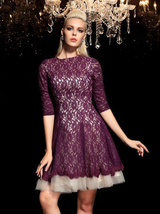A-Line/Princess Short 1/2 Sheer Sleeves Lace Neck Lace Cocktail Dresses