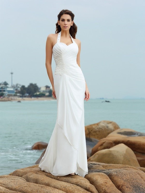 Pleats Sleeveless Sheath/Column Chiffon Halter Long Beach Wedding Dresses